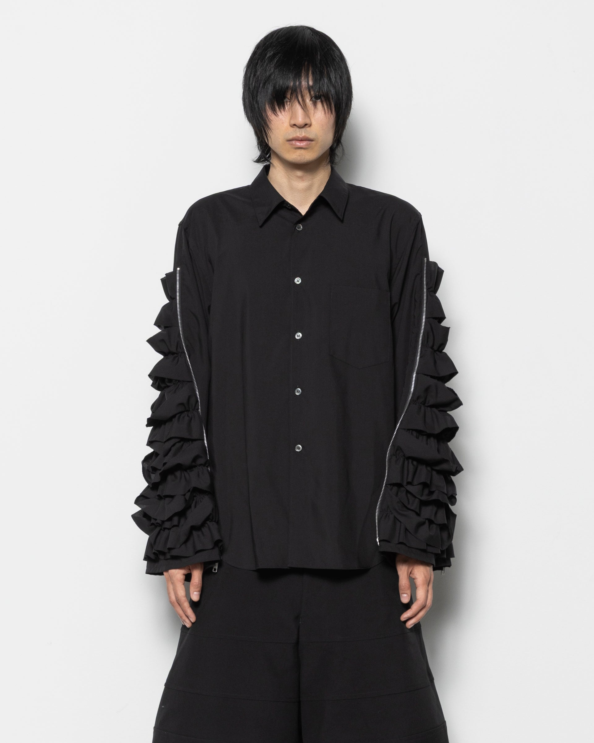 Zip Frills Sleeves Shirt in Black
