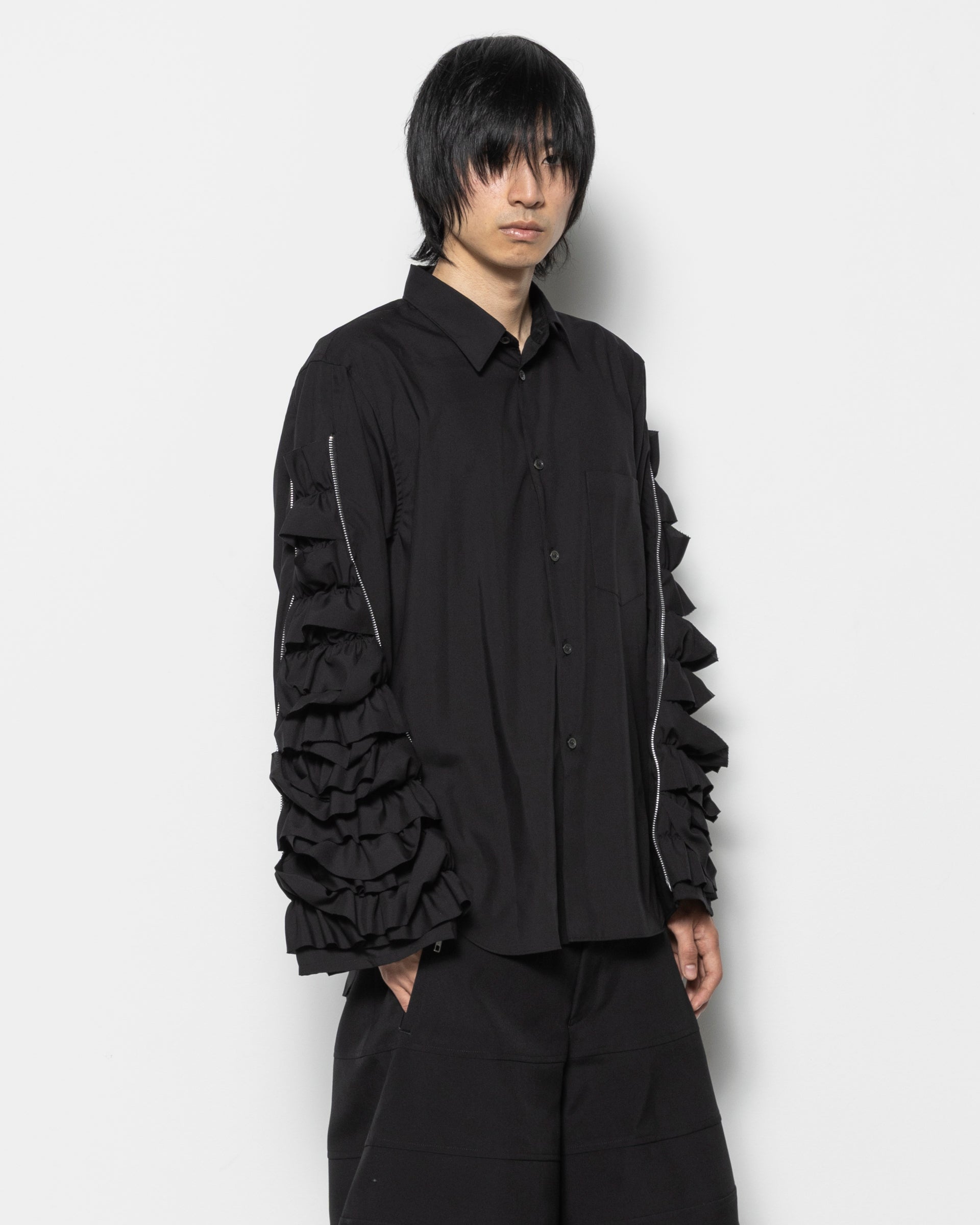 Zip Frills Sleeves Shirt in Black