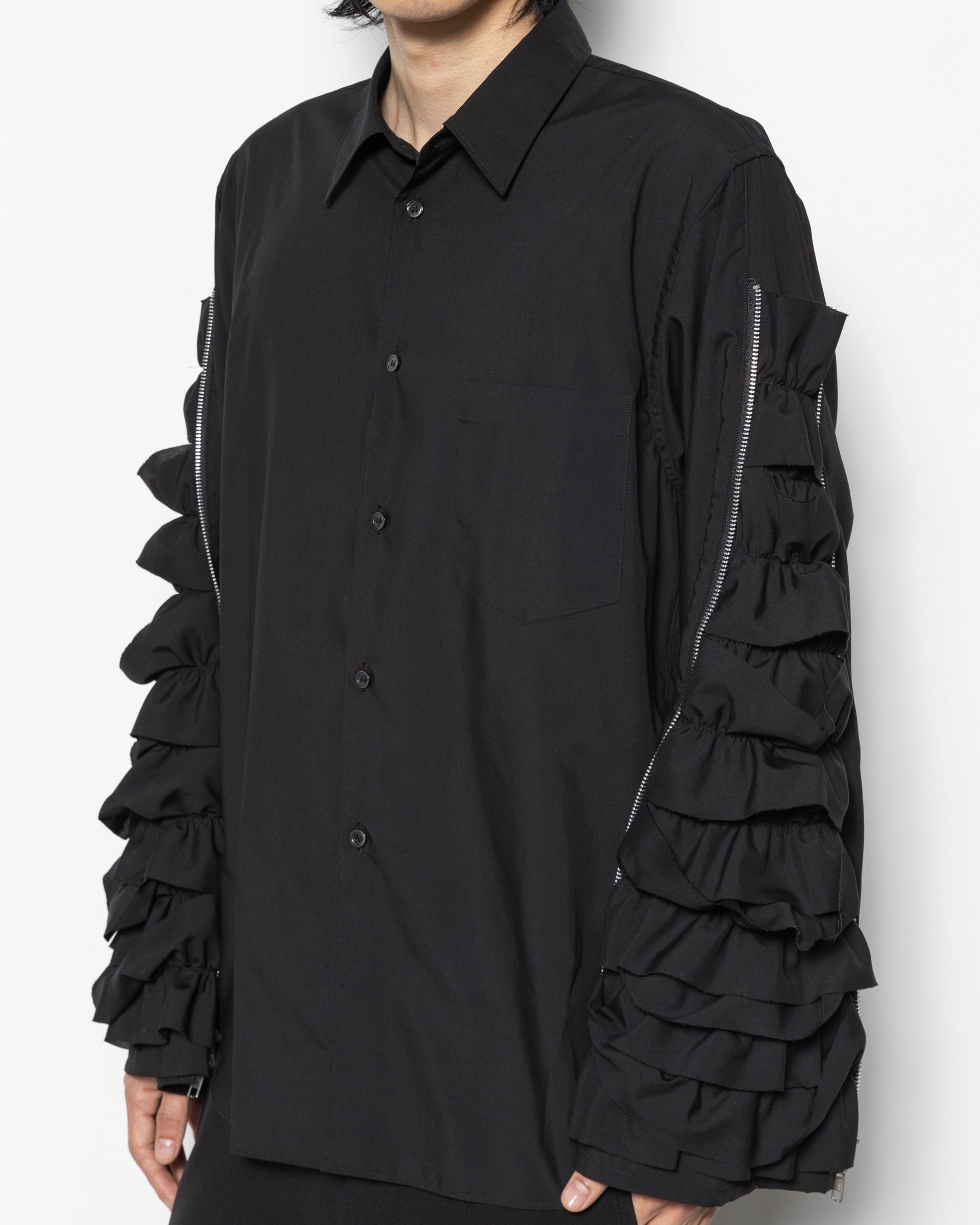 Zip Frills Sleeves Shirt in Black