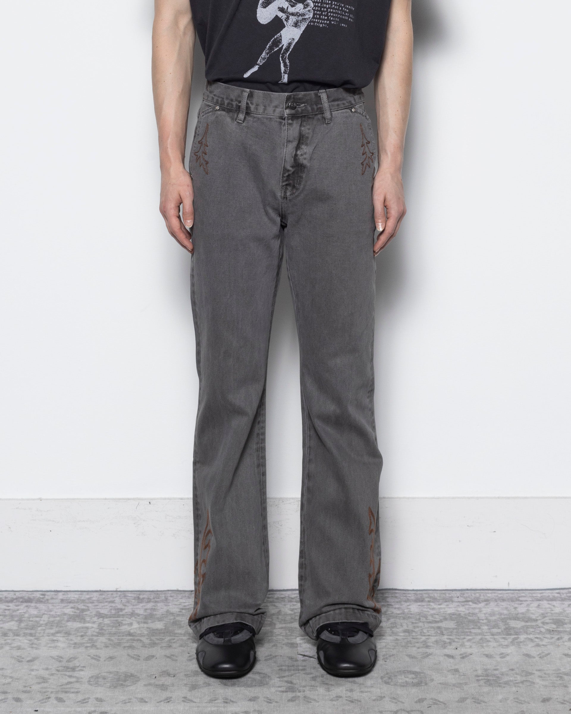 Western Embroidery Flared Jeans in Grey