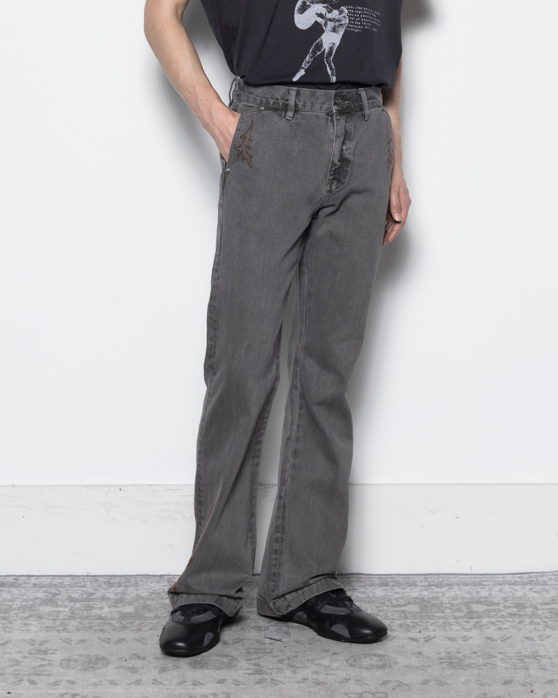 Western Embroidery Flared Jeans in Grey