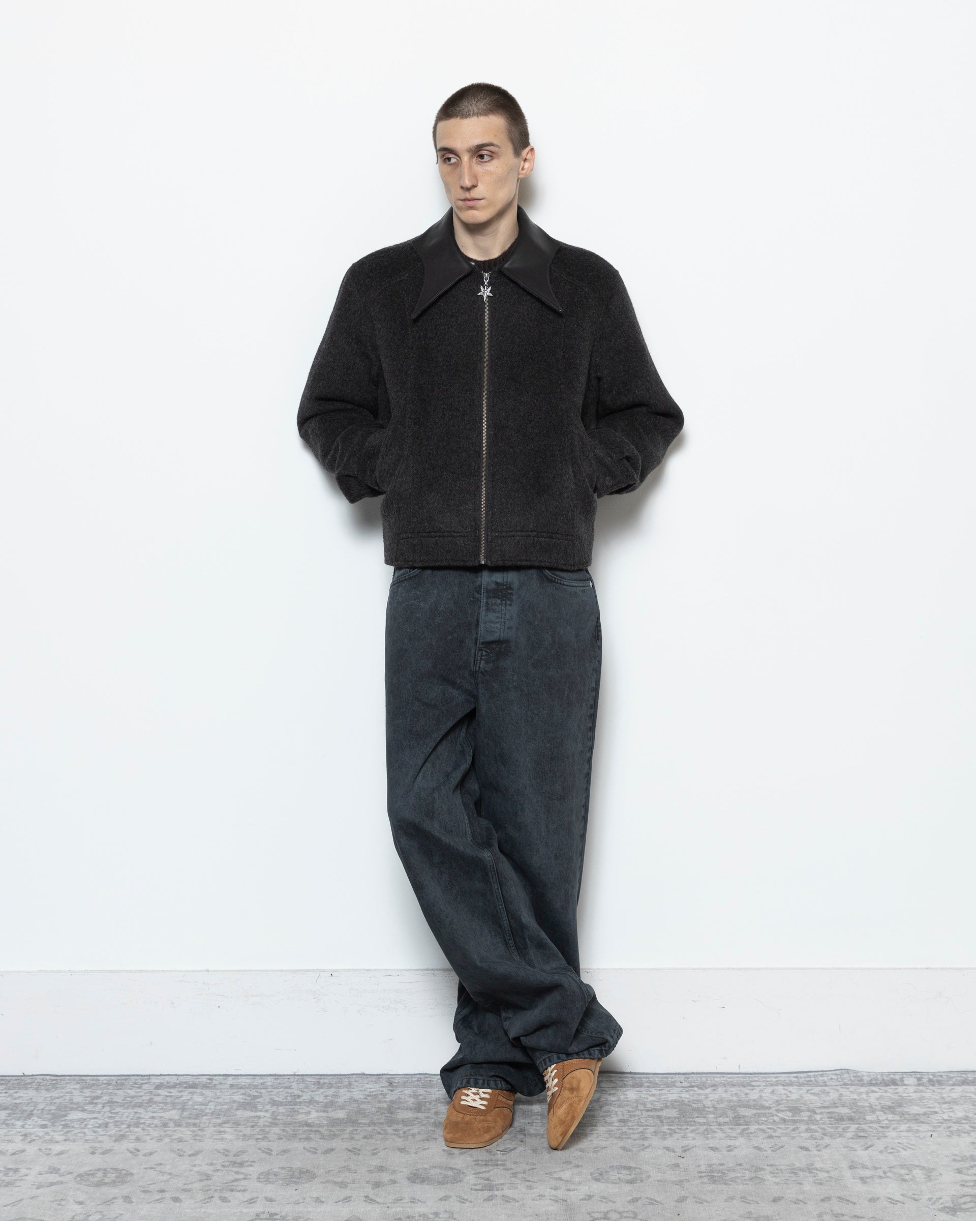 Count Orlok Leather Collar Jacket in Black and Grey