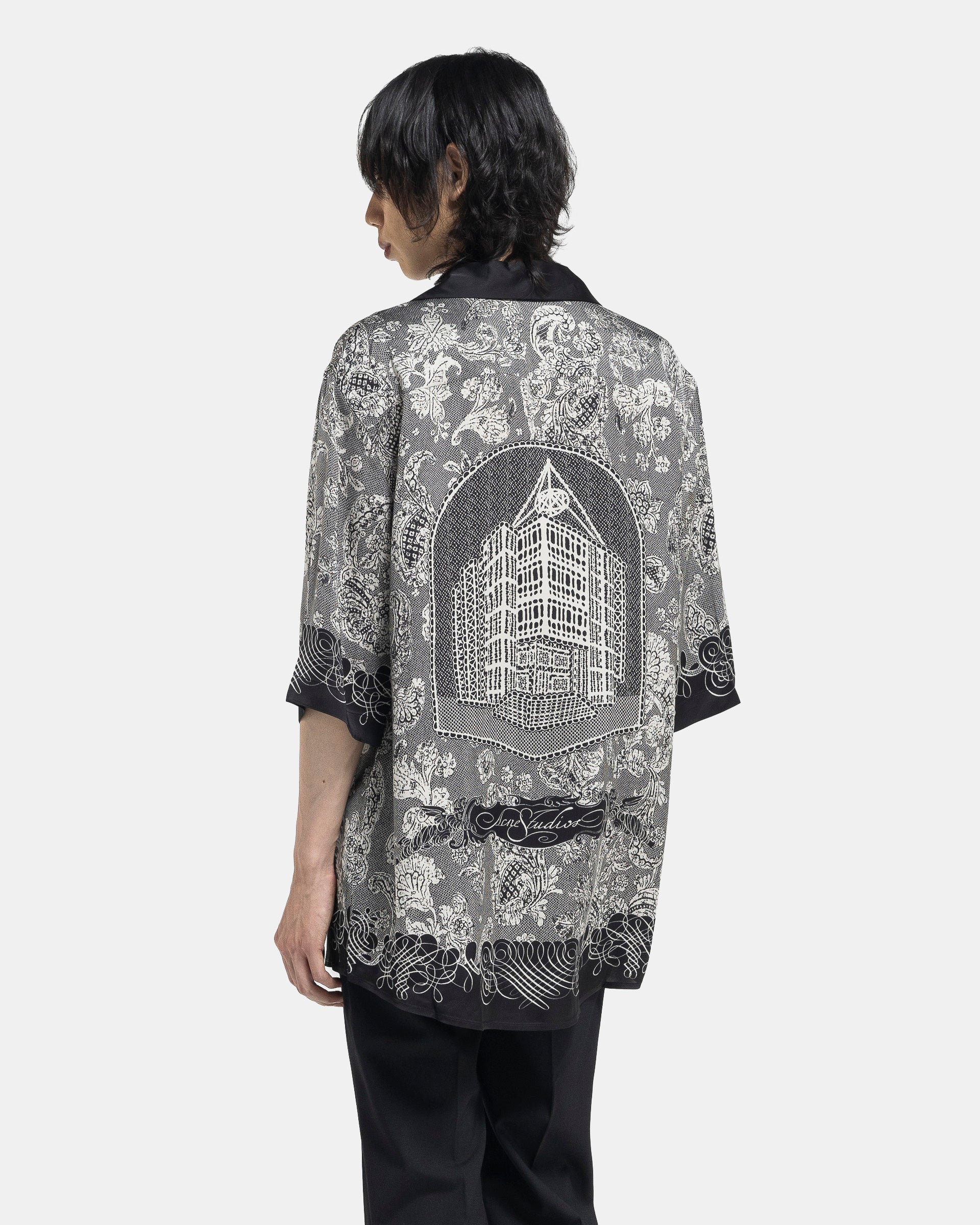 Printed Button-Up Shirt in Black and Ecru