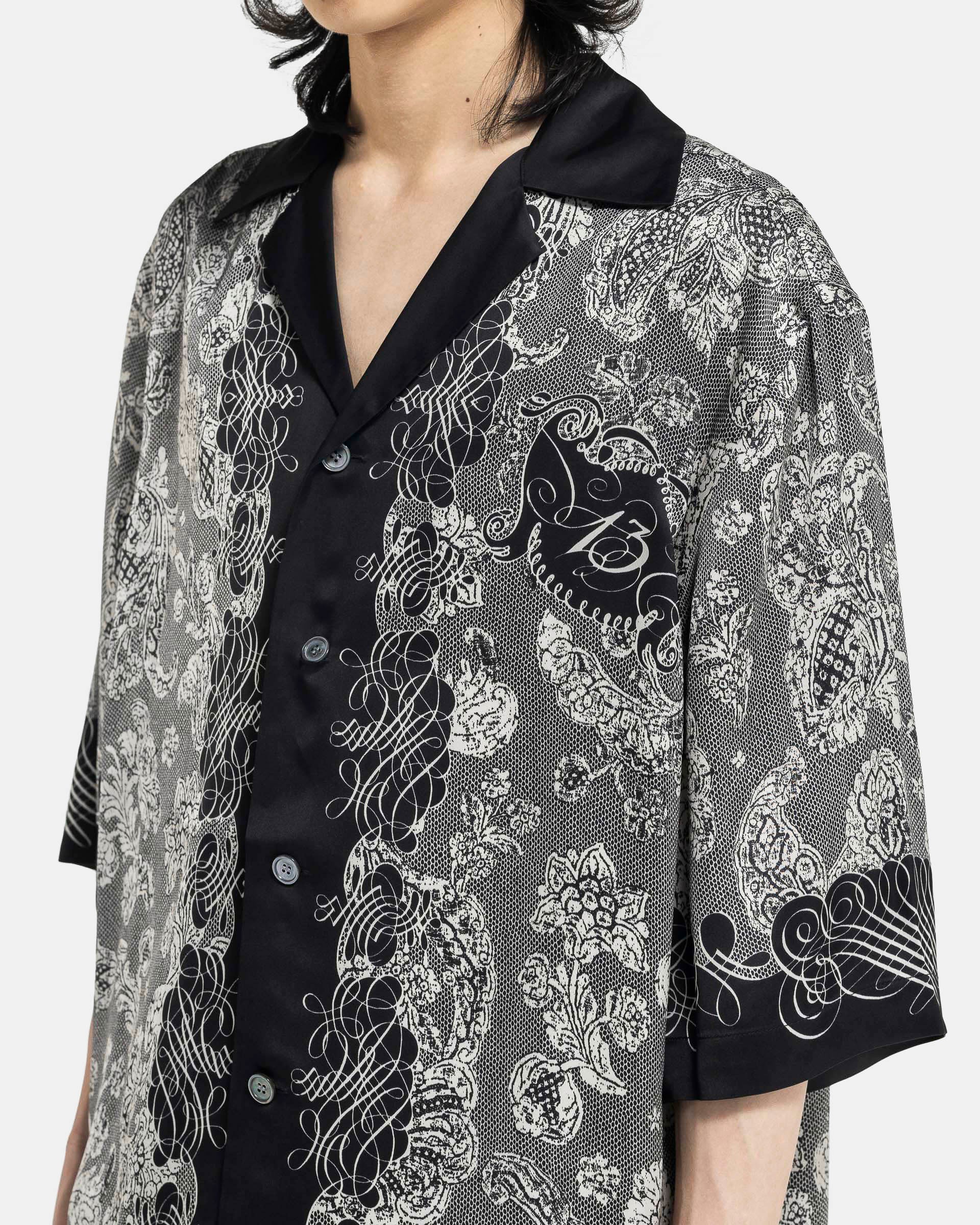 Printed Button-Up Shirt in Black and Ecru