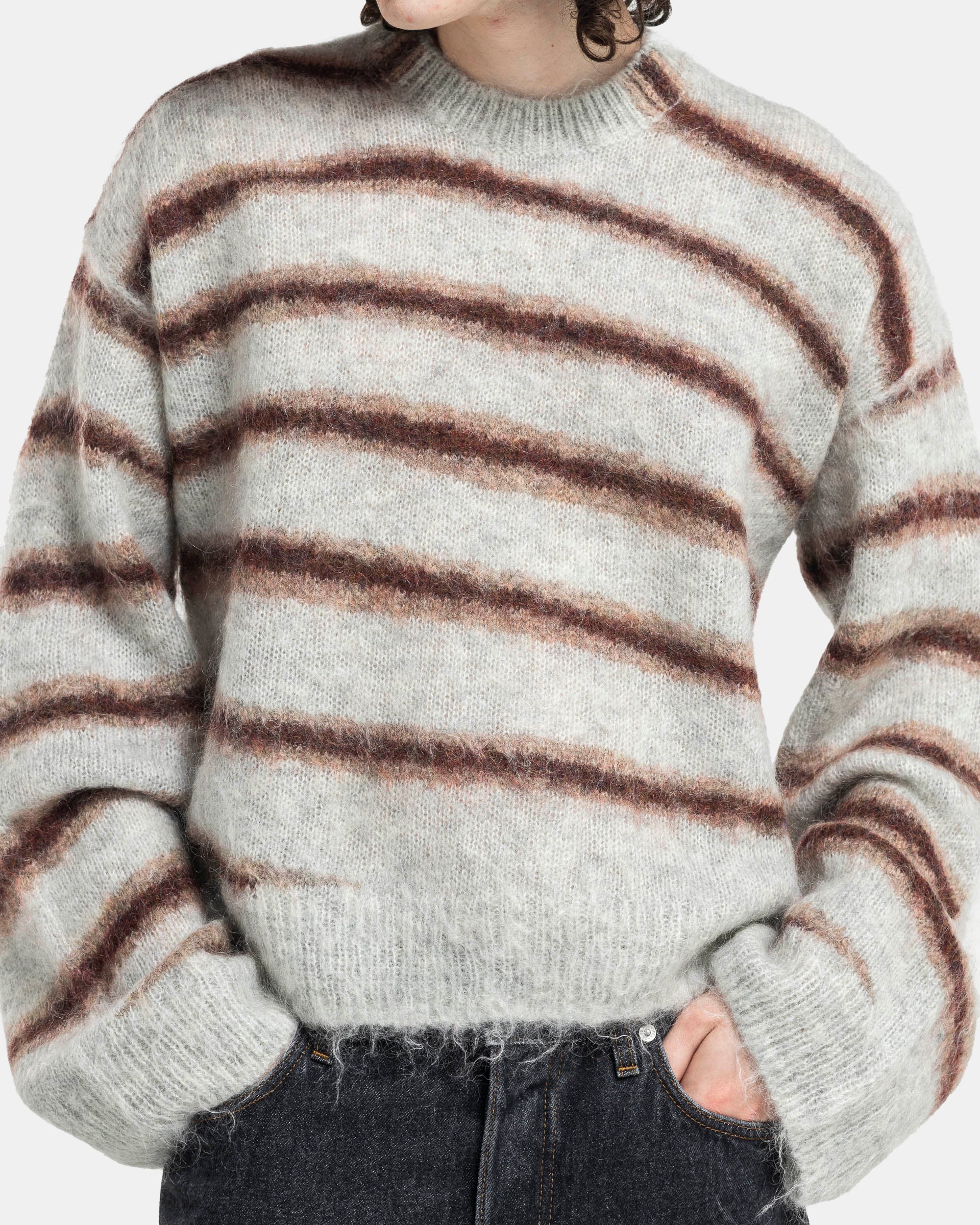 Mohair Blend Stripe Jumper in Grey Melange and Burgundy