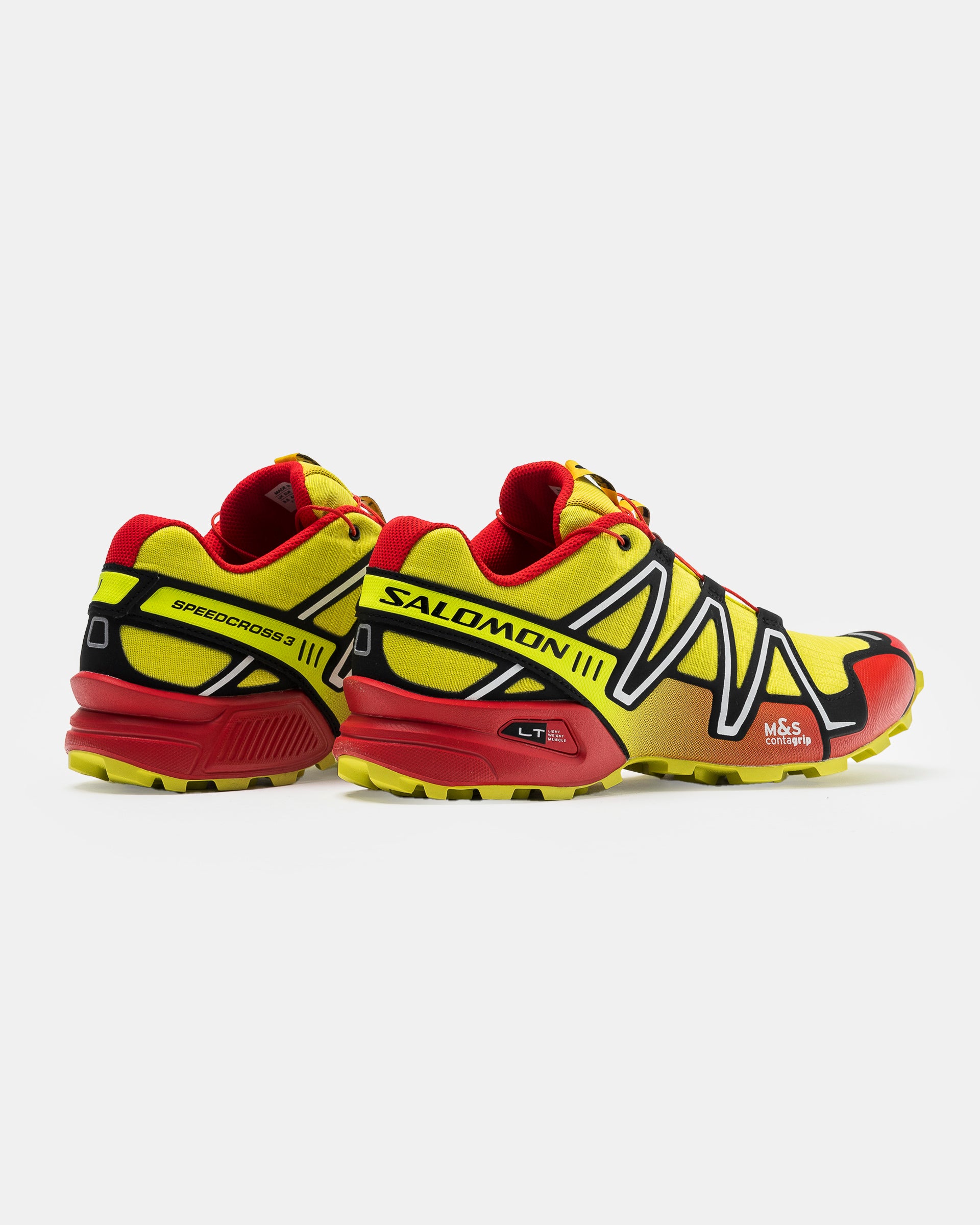 Salomon RX SPEEDCROSS 3 in Sulphur, High Risk Red, and Black on the white background.