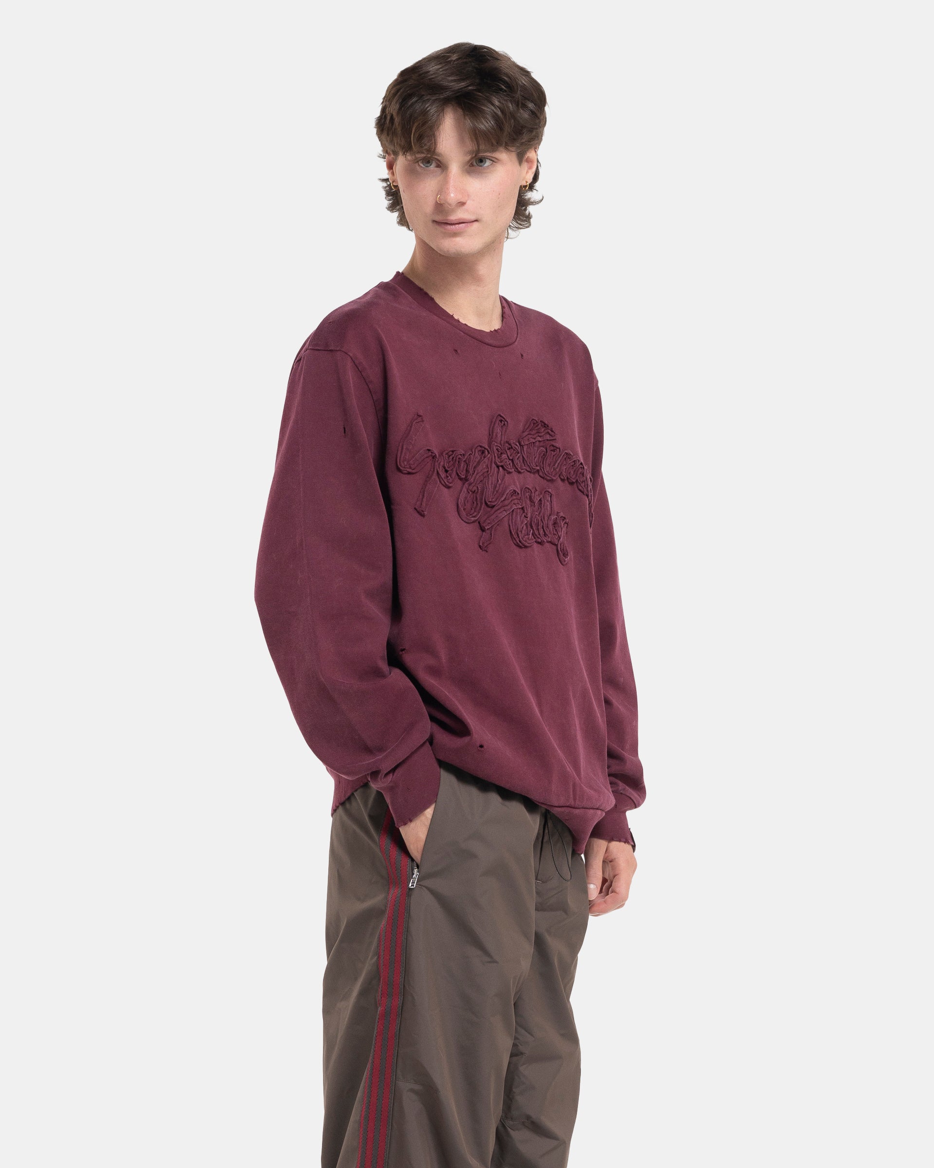 SFTM Distressed Longsleeve T-Shirt in Maroon