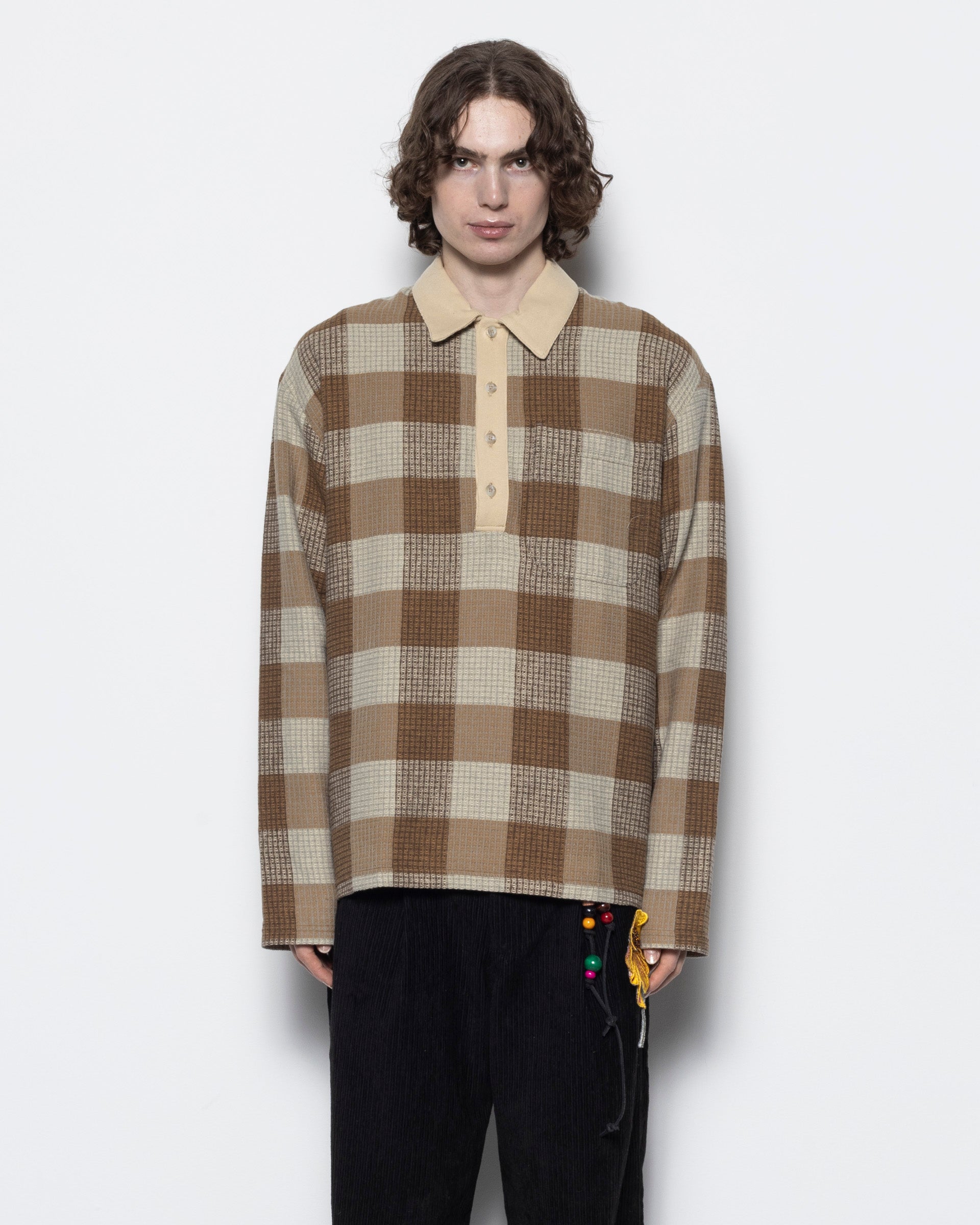 Checkered L/S Polo in Brown