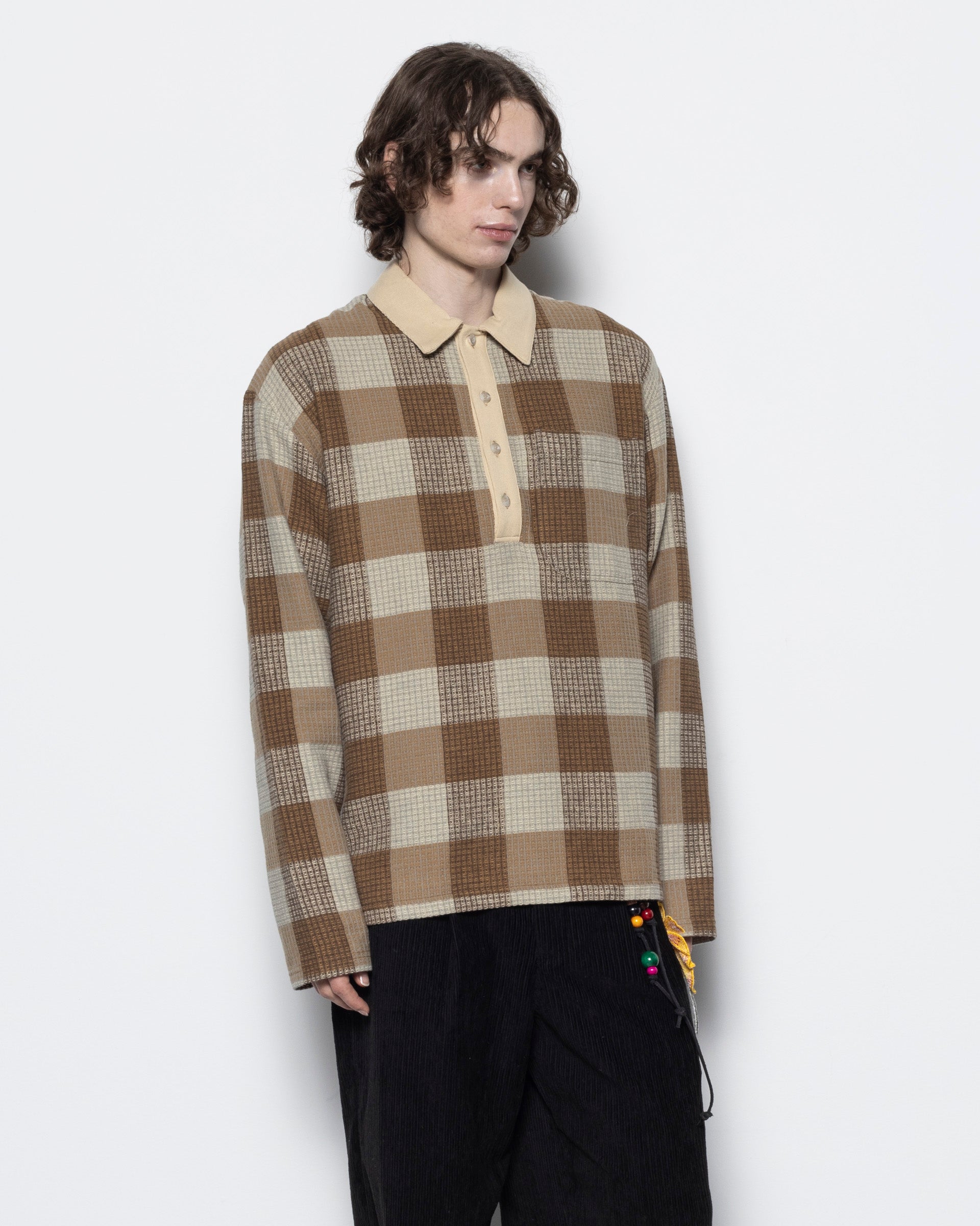 Checkered L/S Polo in Brown