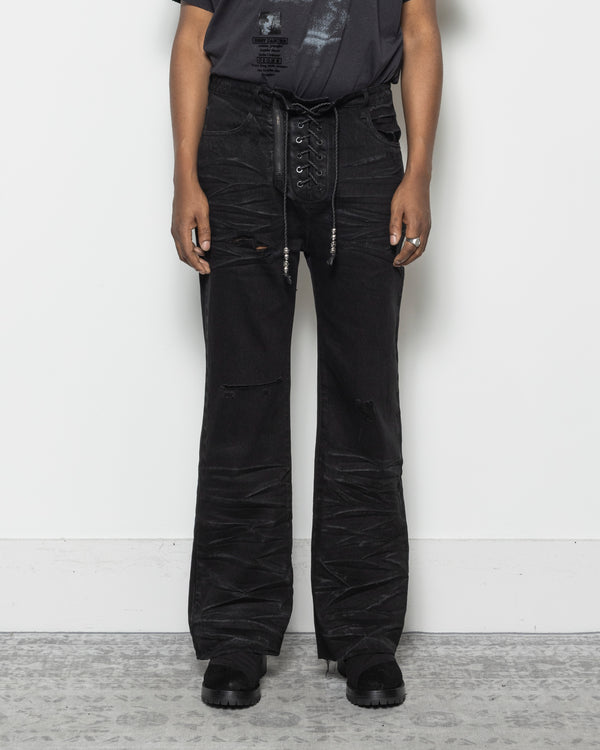 Lace Up Jeans in Waxed Black