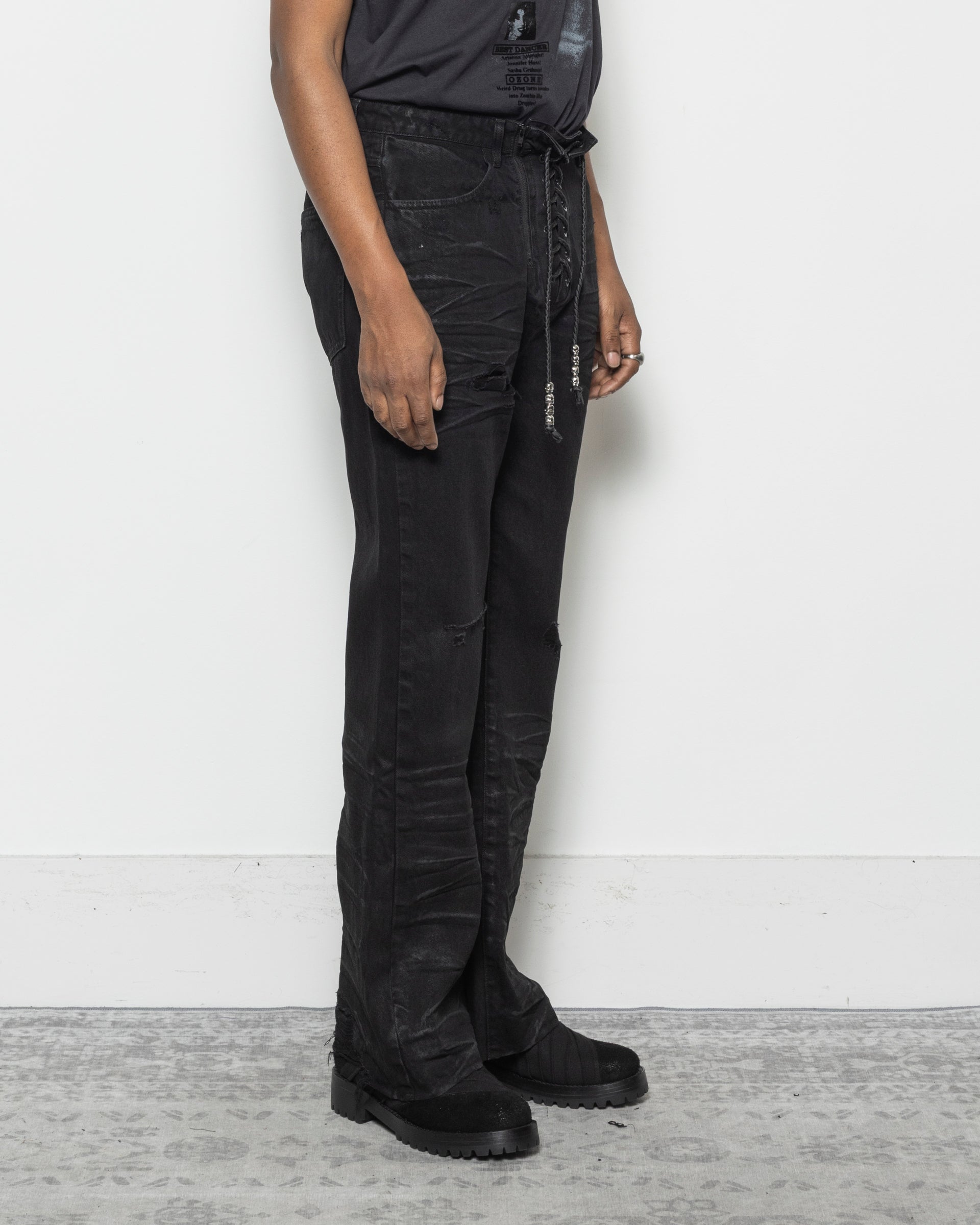 Troubled Waters Lace Up Jeans in Waxed Black | RODEN GRAY