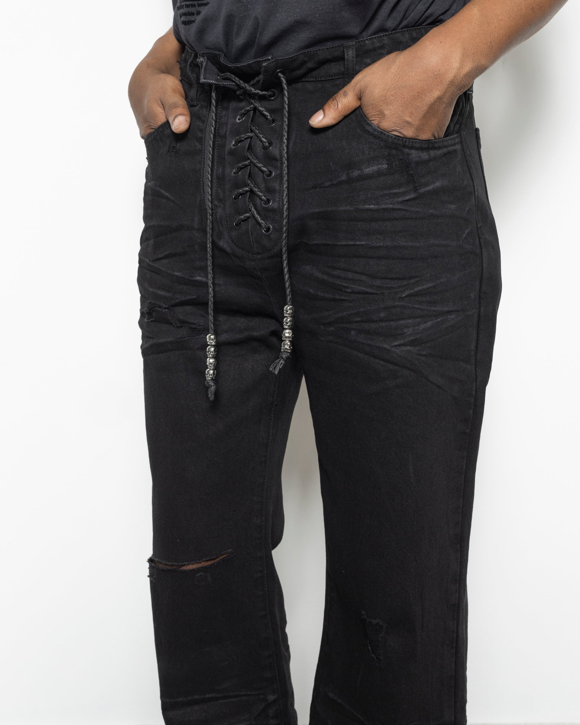 パンツ Troubled Waters LACE UP JEANS /WAXED BLK Troubled Waters Lace Up Jeans in Waxed Black | RODEN GRAY
