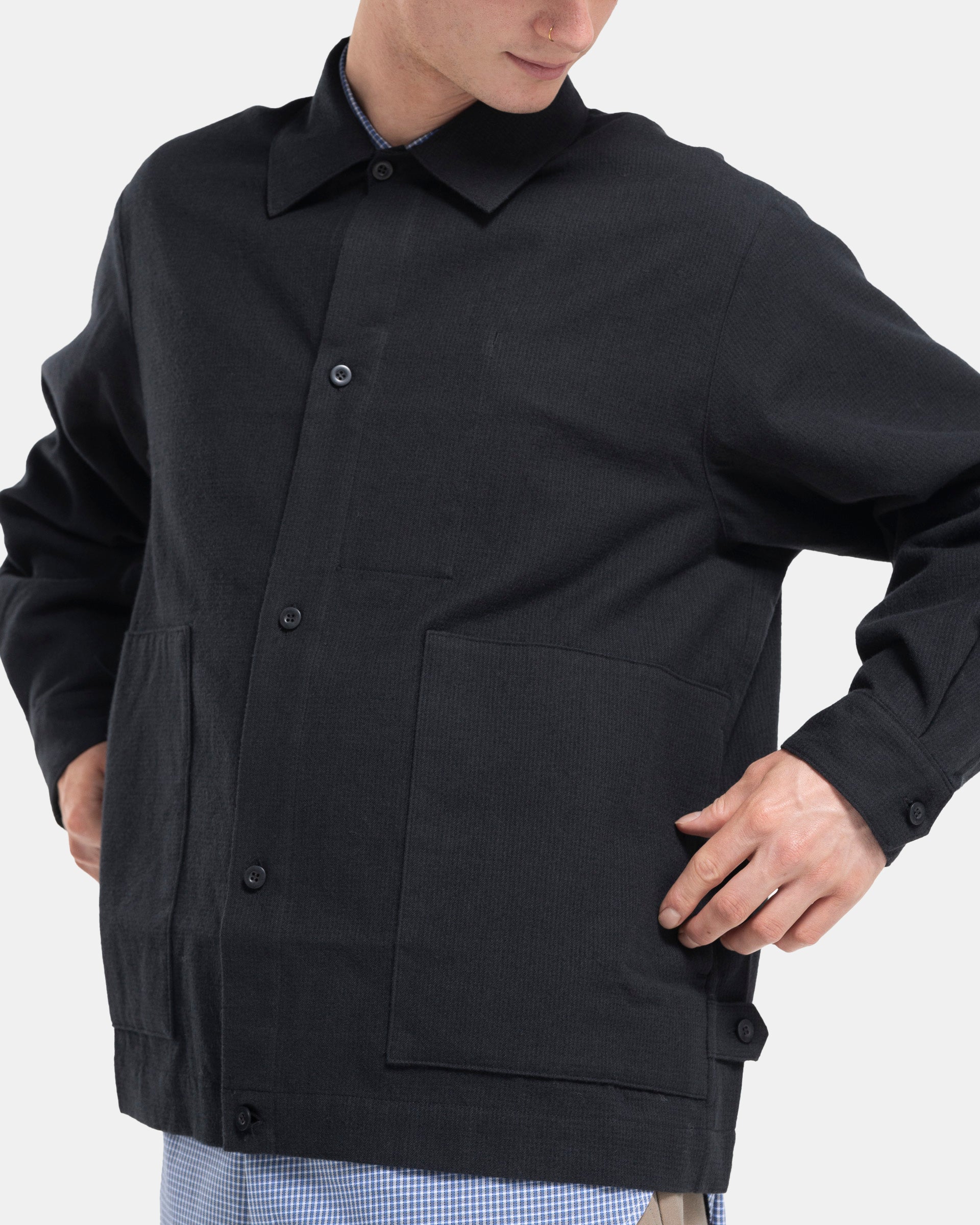 Wool Mix Shirt Jacket in Black Navy