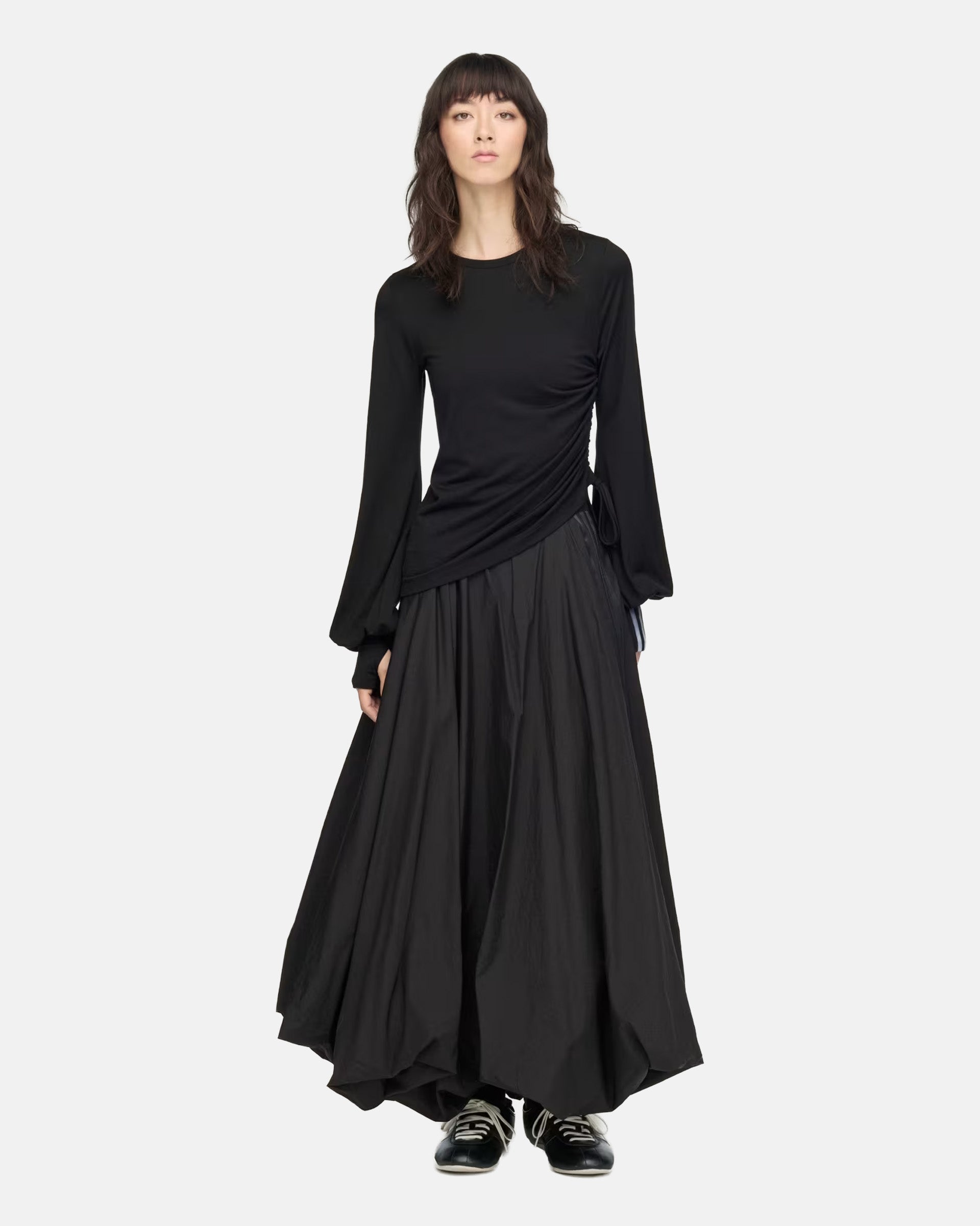 Y-3 Wool Cinched Drape Long Sleeve Tee in Black