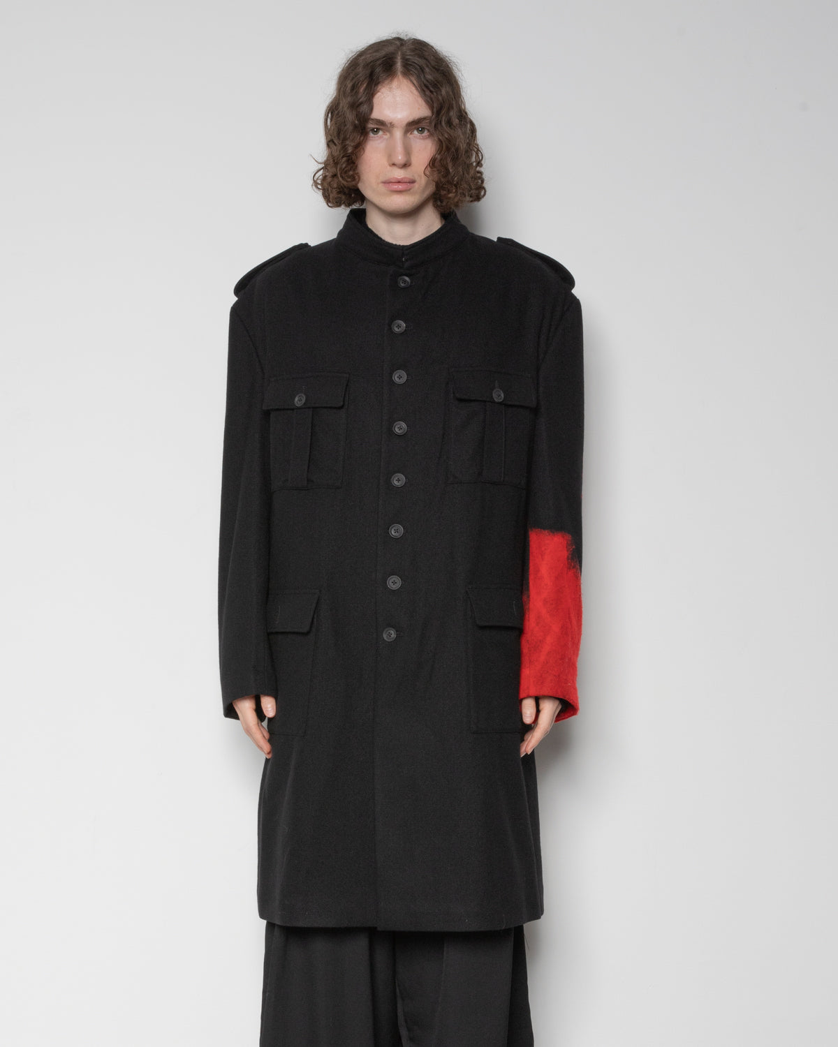 Needle Punched Flannel Red Military Jacket in Black