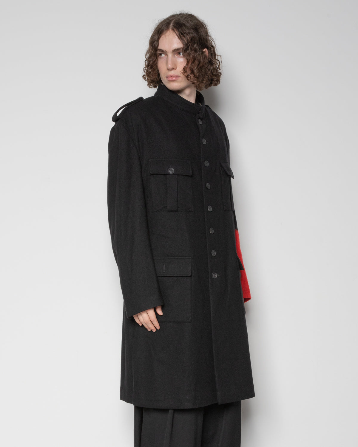 Needle Punched Flannel Red Military Jacket in Black