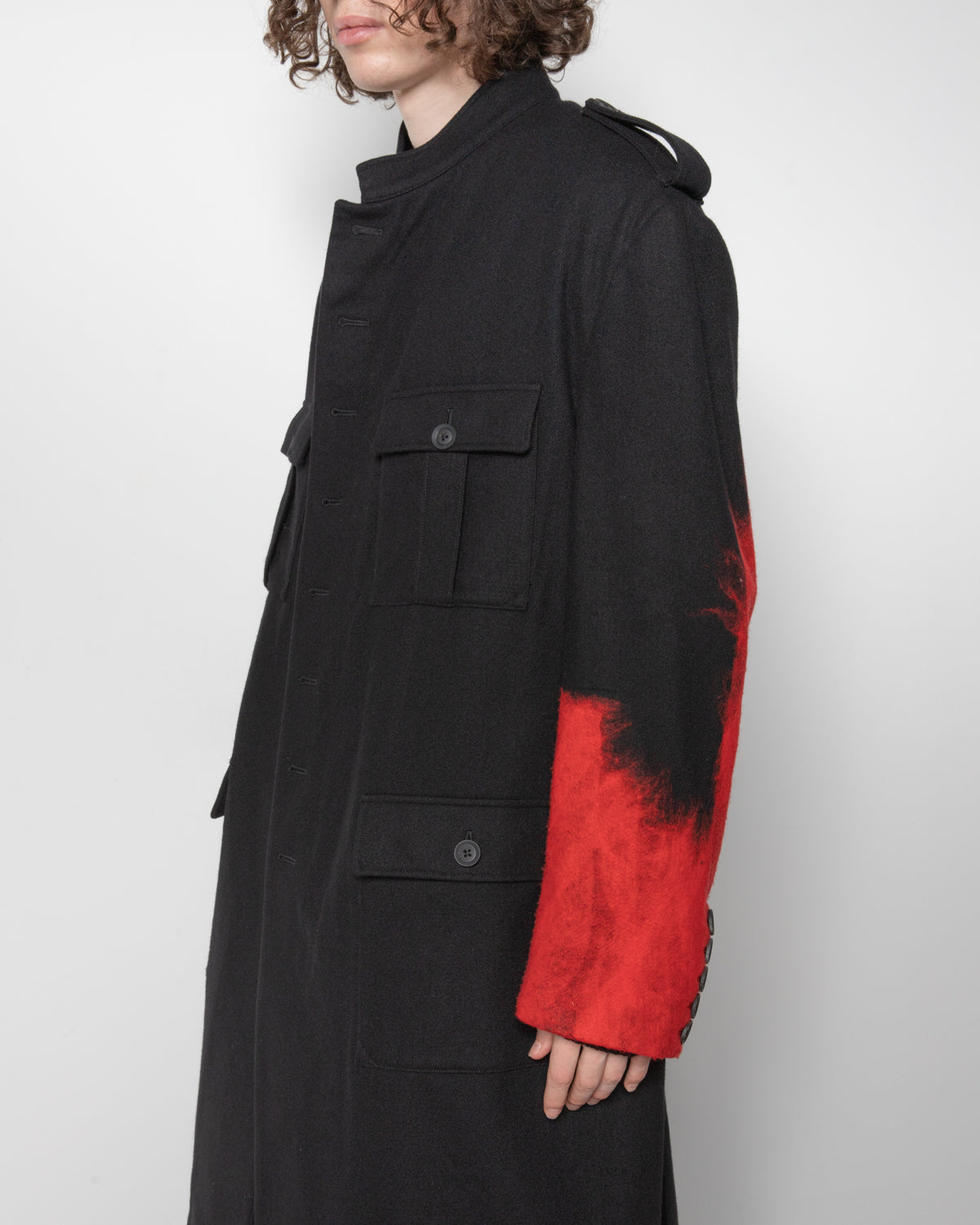 Needle Punched Flannel Red Military Jacket in Black