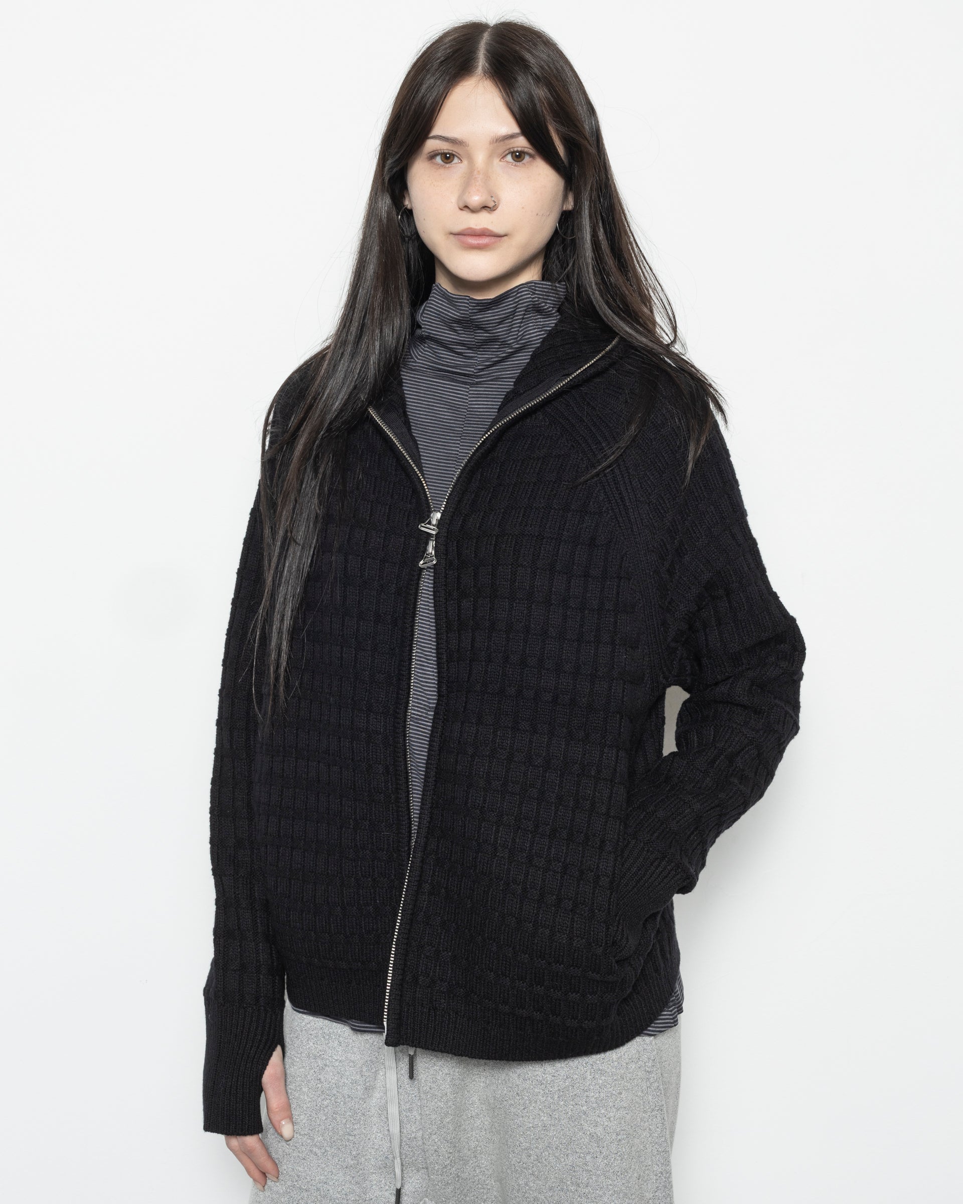 Hooded Knit Zip in Black
