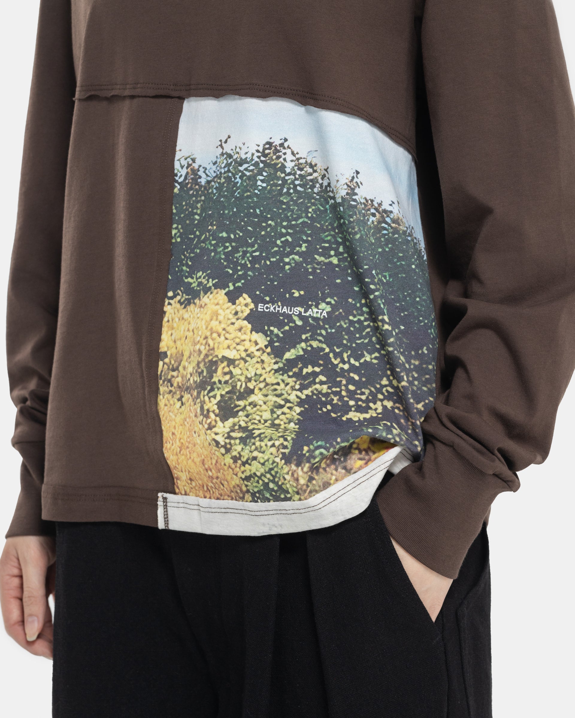 Brown Eckhaus Latta Lapped Longsleeve T-shirt with a printed design.