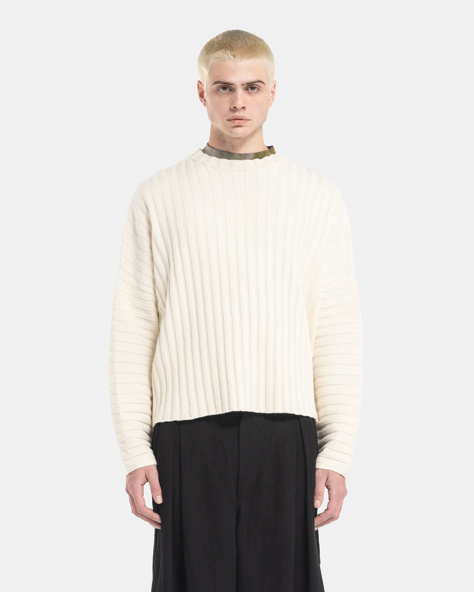 Male model wearing Eckhaus Latta Designer Wool Off-White Sweater with knit stripes