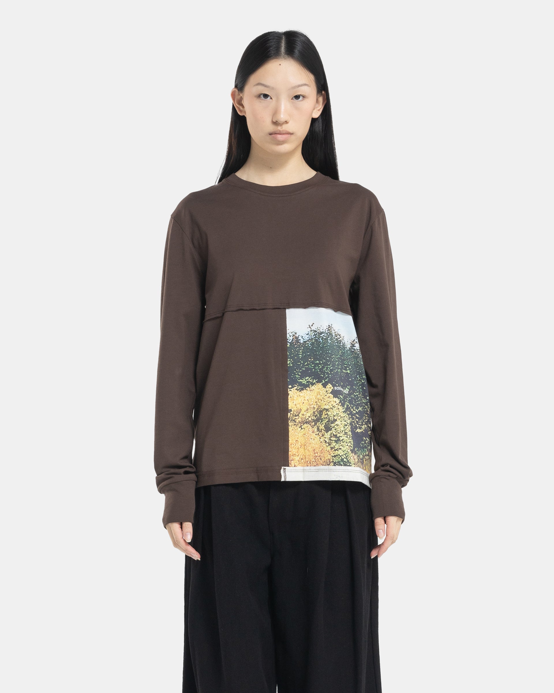 Female model wearing a brown Eckhaus Latta Lapped Longsleeve T-shirt with a printed design.