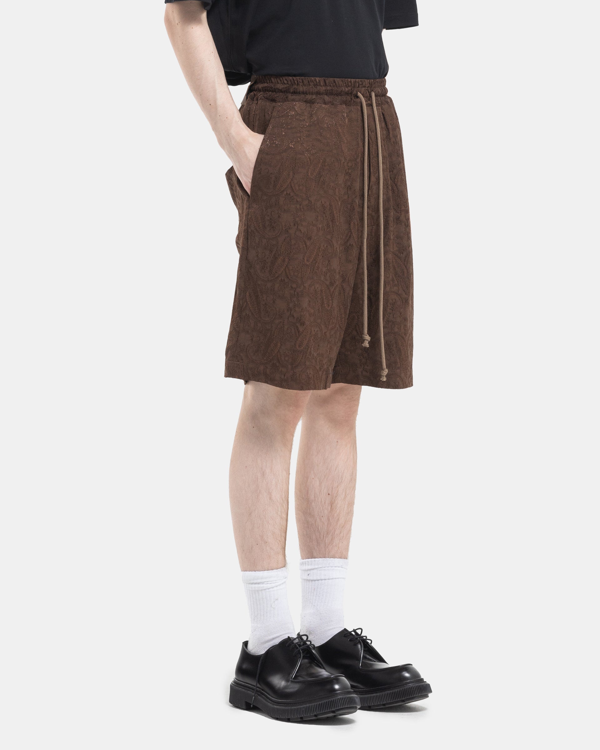 Song For The Mute Elasticated Shorts in Brown SIde