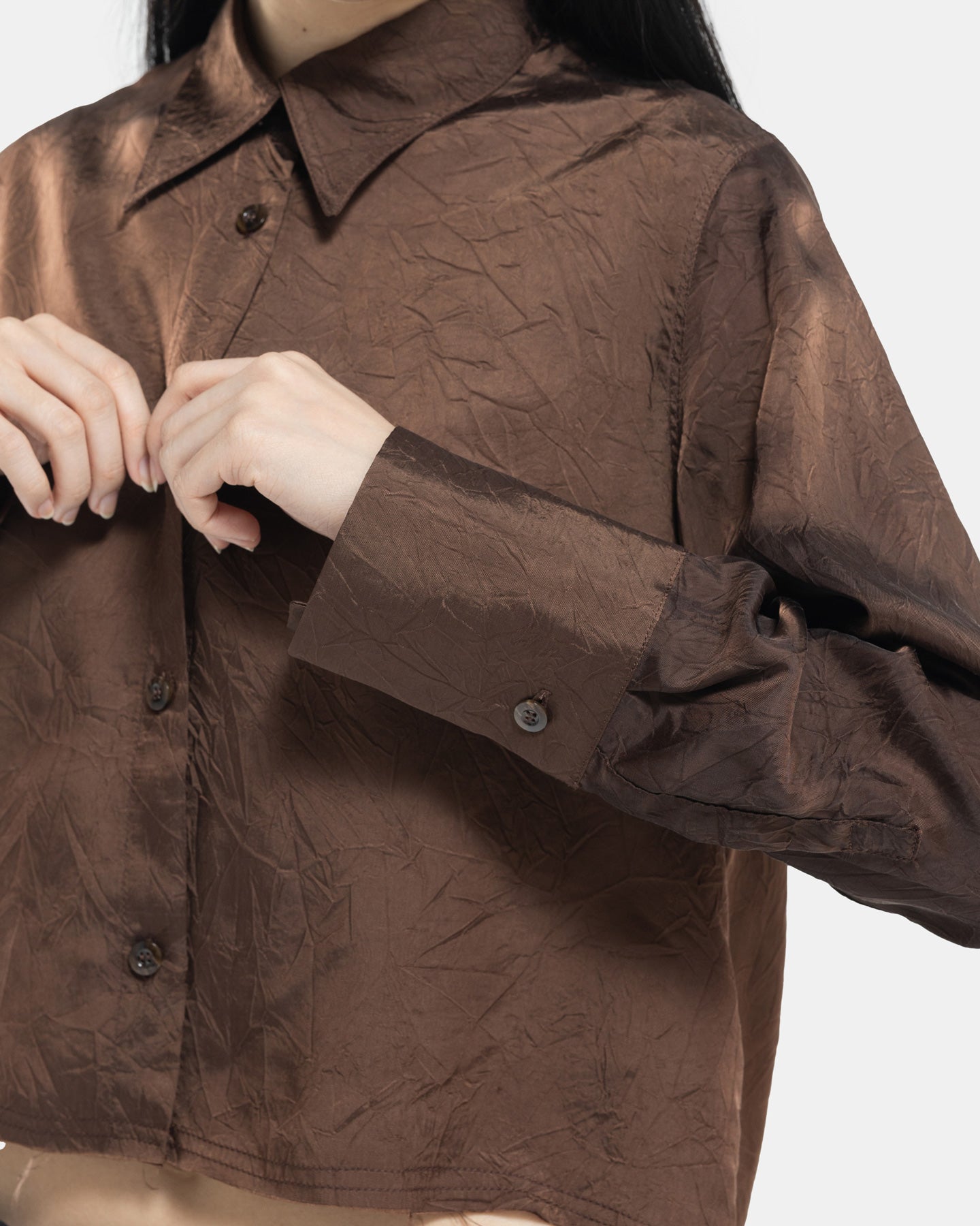 Brown Song For The Mute Shirt Model Buttoning on white background