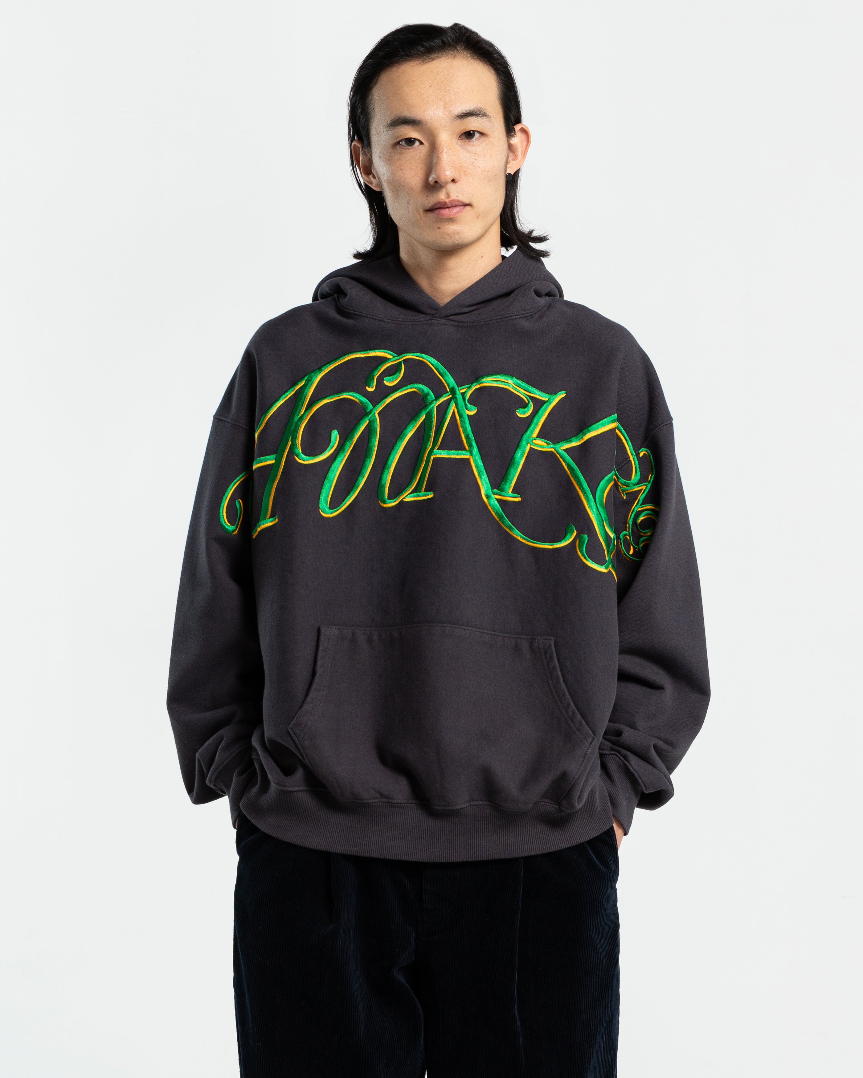 Script Oversized Embroidered Hoodie in Charcoal