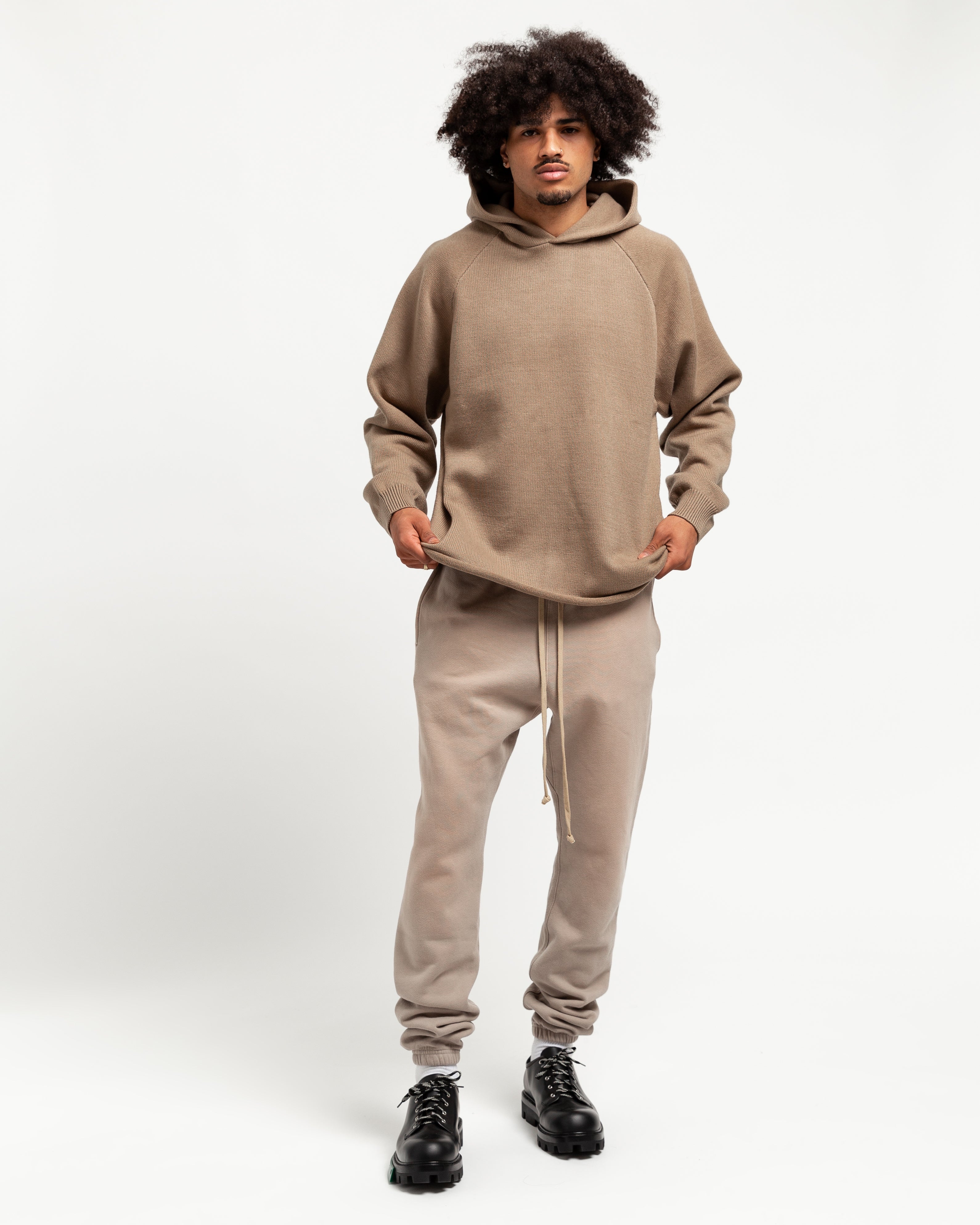 Knit Essentials Brown Hoodie Brown Essentials Knit Hoodie