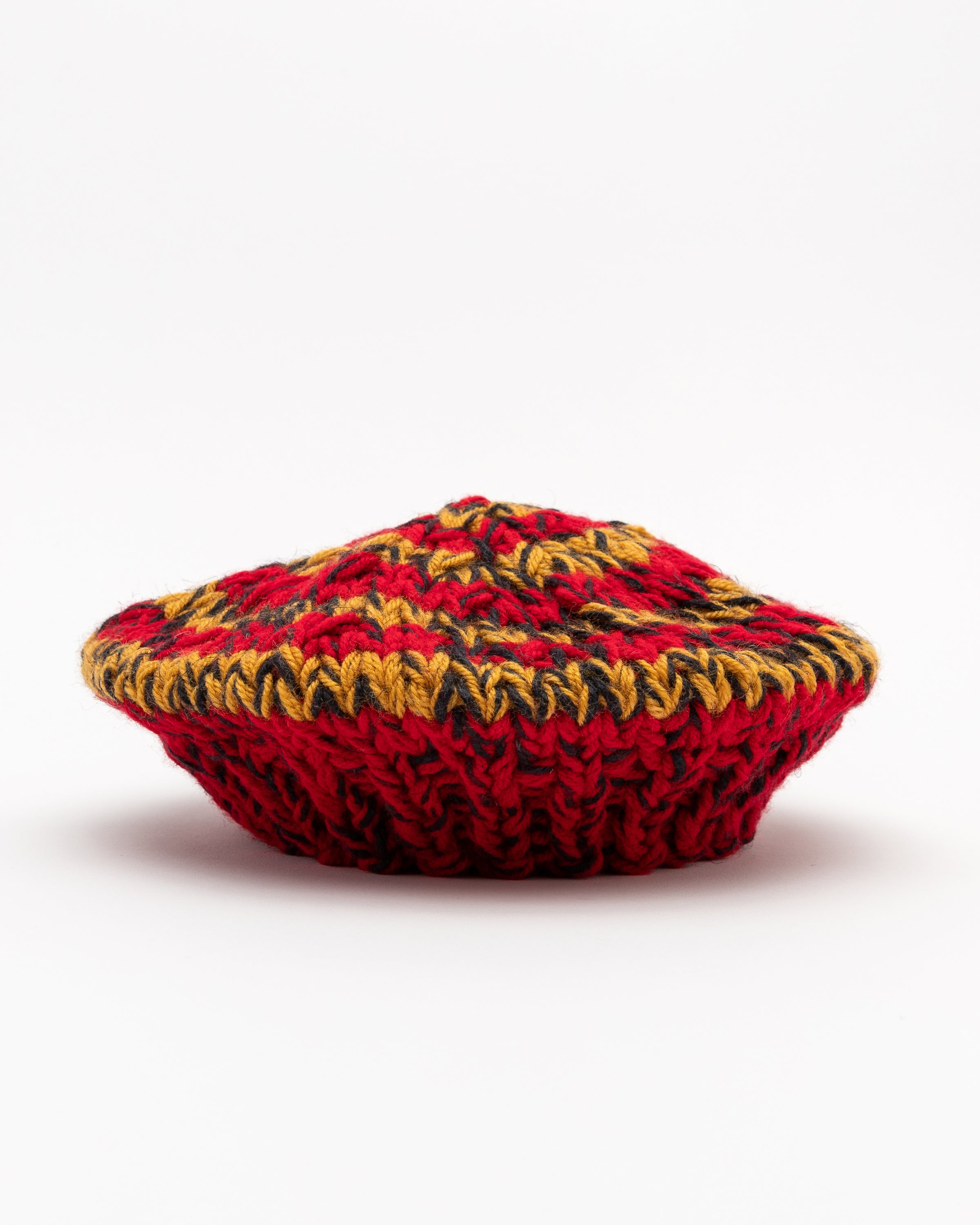 Hand Knitted Beret in Red and Turmeric
