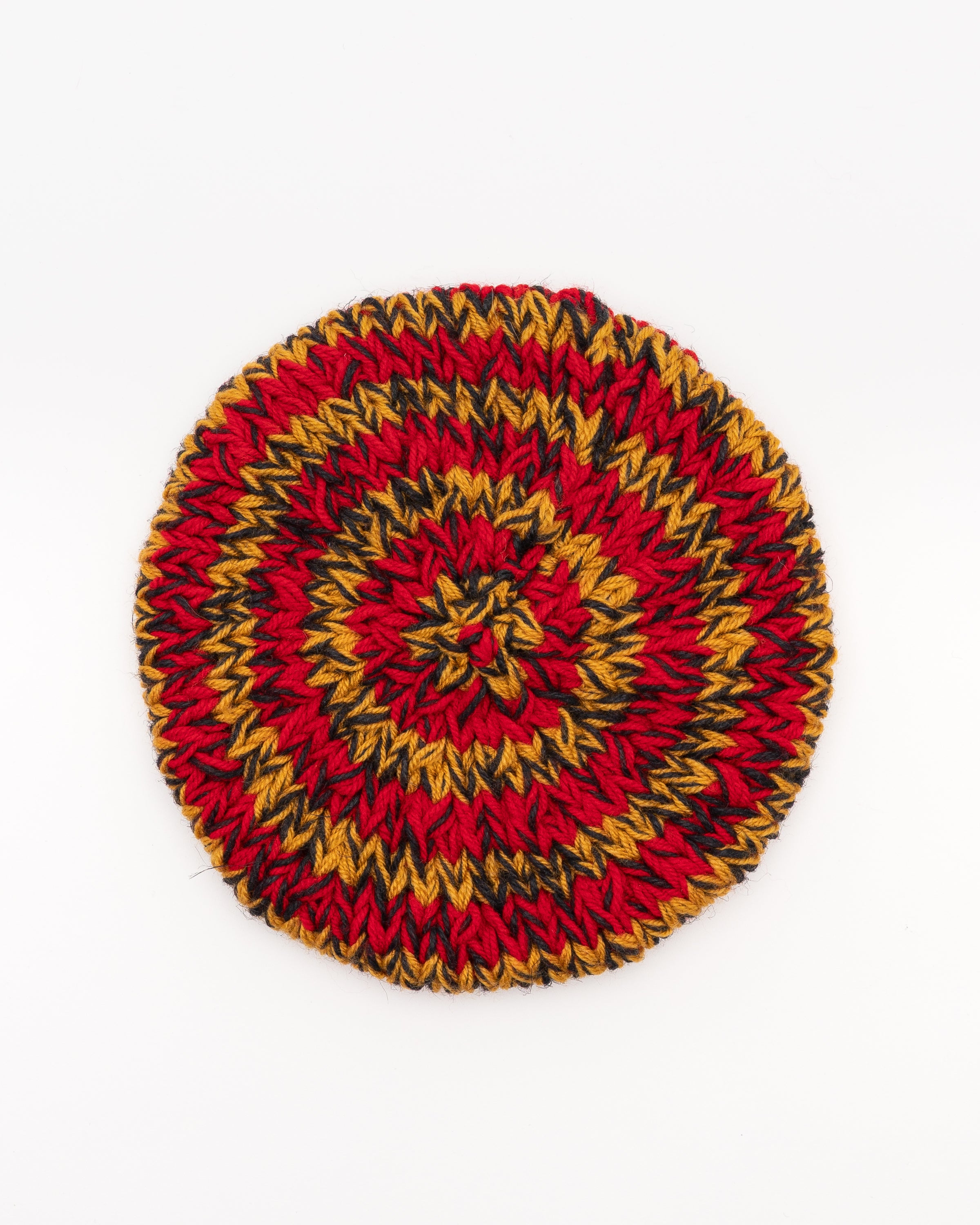 Hand Knitted Beret in Red and Turmeric
